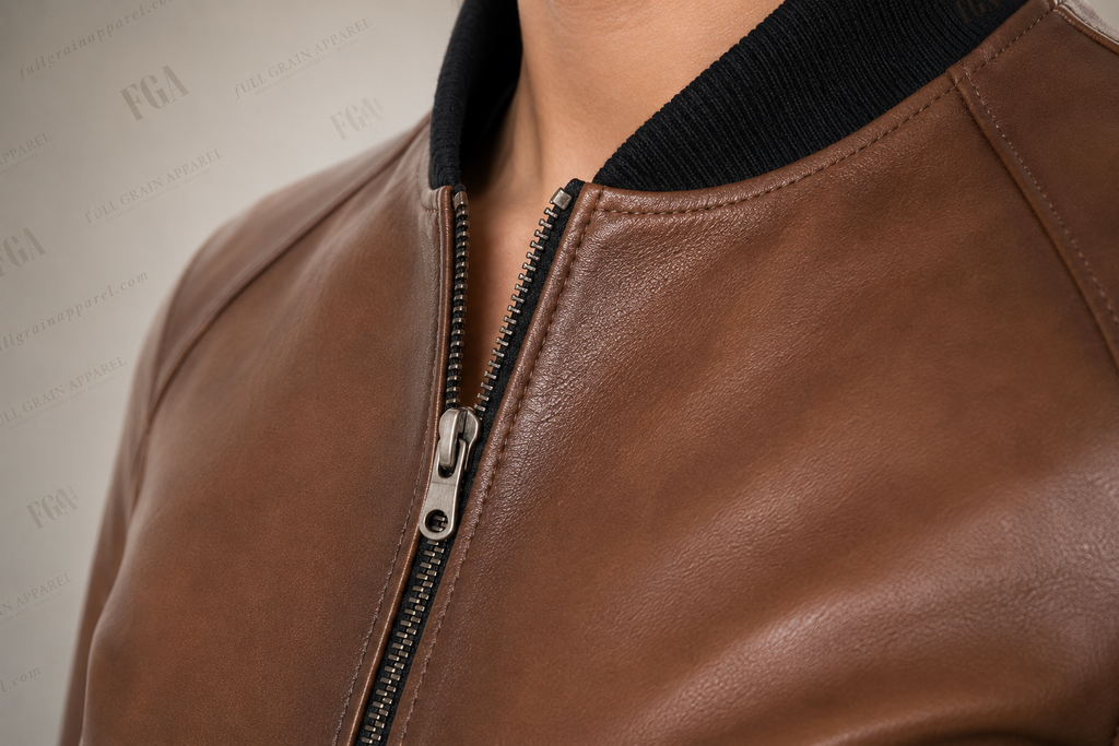 Women's Brown Leather Bomber Jacket – Premium Zip-Up Leather Outerwear