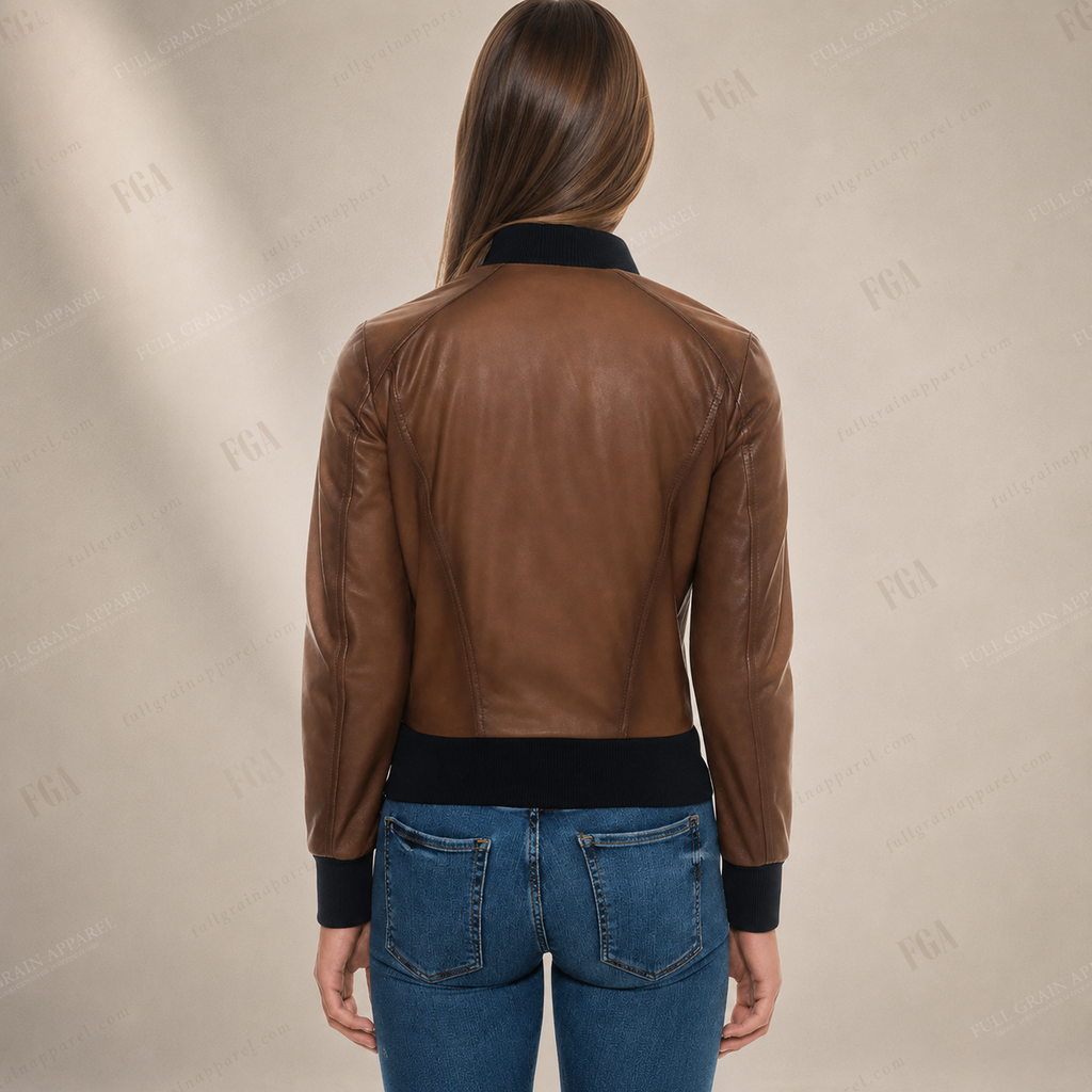 Women's Brown Leather Bomber Jacket – Premium Zip-Up Leather Outerwear