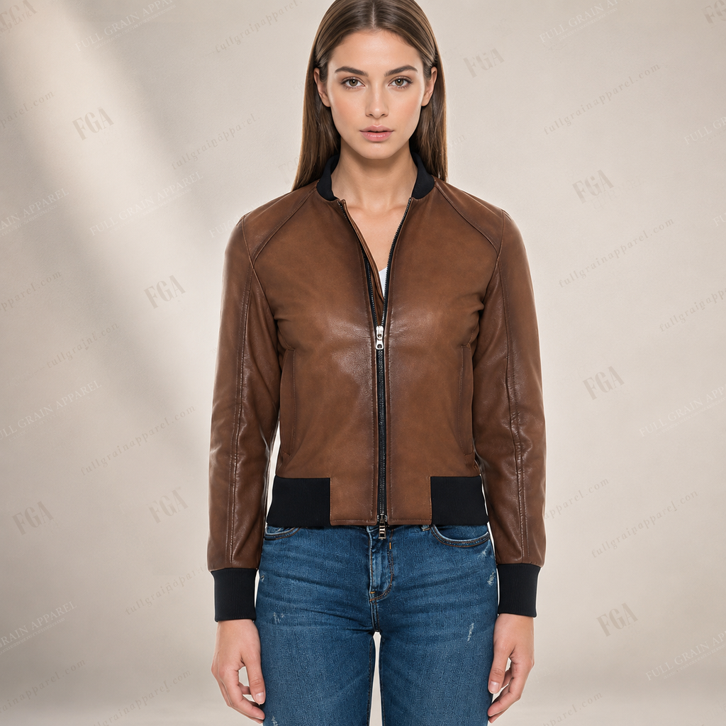 Women's Brown Leather Bomber Jacket – Premium Zip-Up Leather Outerwear