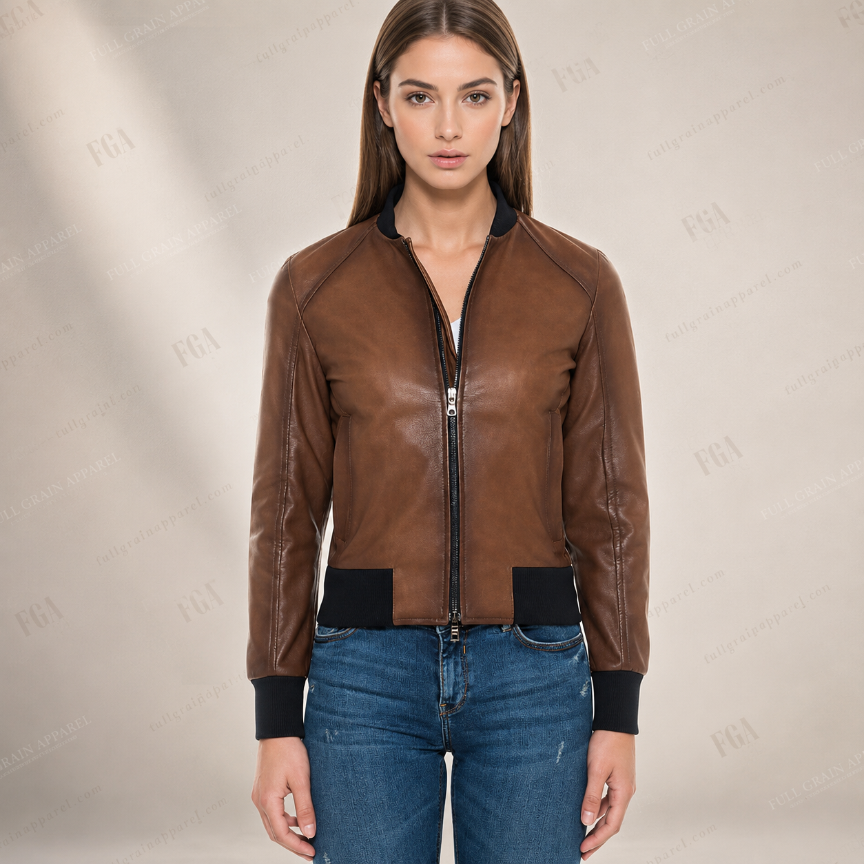 Women's Brown Leather Bomber Jacket – Premium Zip-Up Leather Outerwear