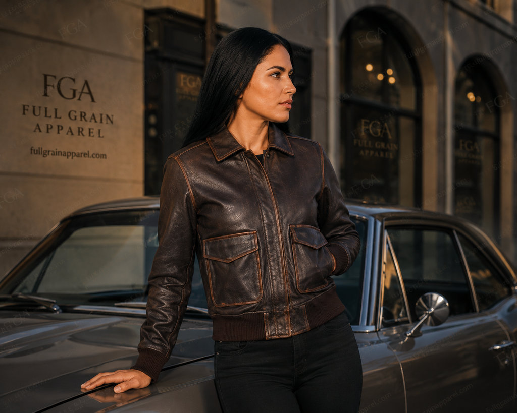 Women's Vintage Brown Leather Bomber Jacket – Premium Distressed Leather