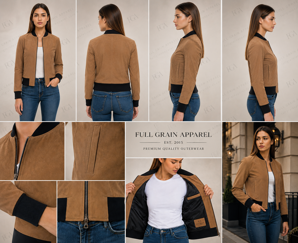 Women's Tan Suede Bomber Jacket | Casual Luxury | Full Grain Apparel