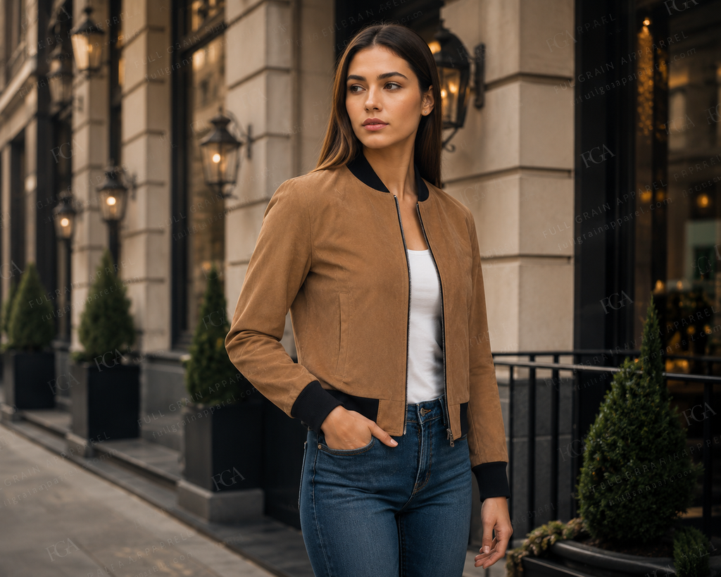 Women's Tan Suede Bomber Jacket | Casual Luxury | Full Grain Apparel