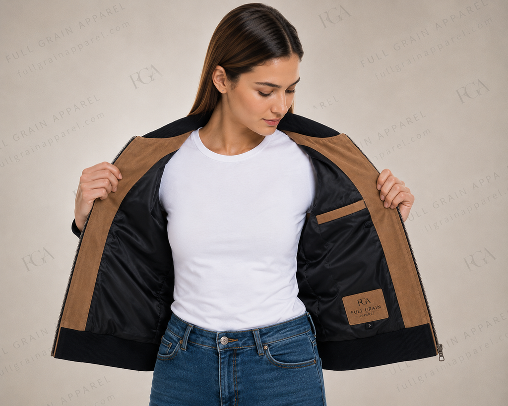 Women's Tan Suede Bomber Jacket | Casual Luxury | Full Grain Apparel