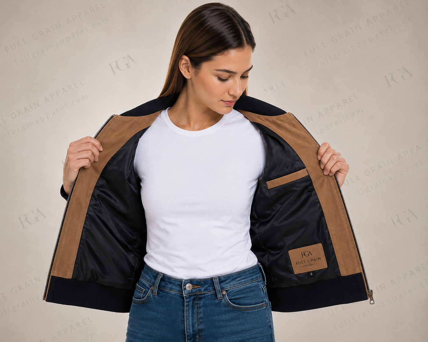 Women's Tan Suede Bomber Jacket | Casual Luxury | Full Grain Apparel
