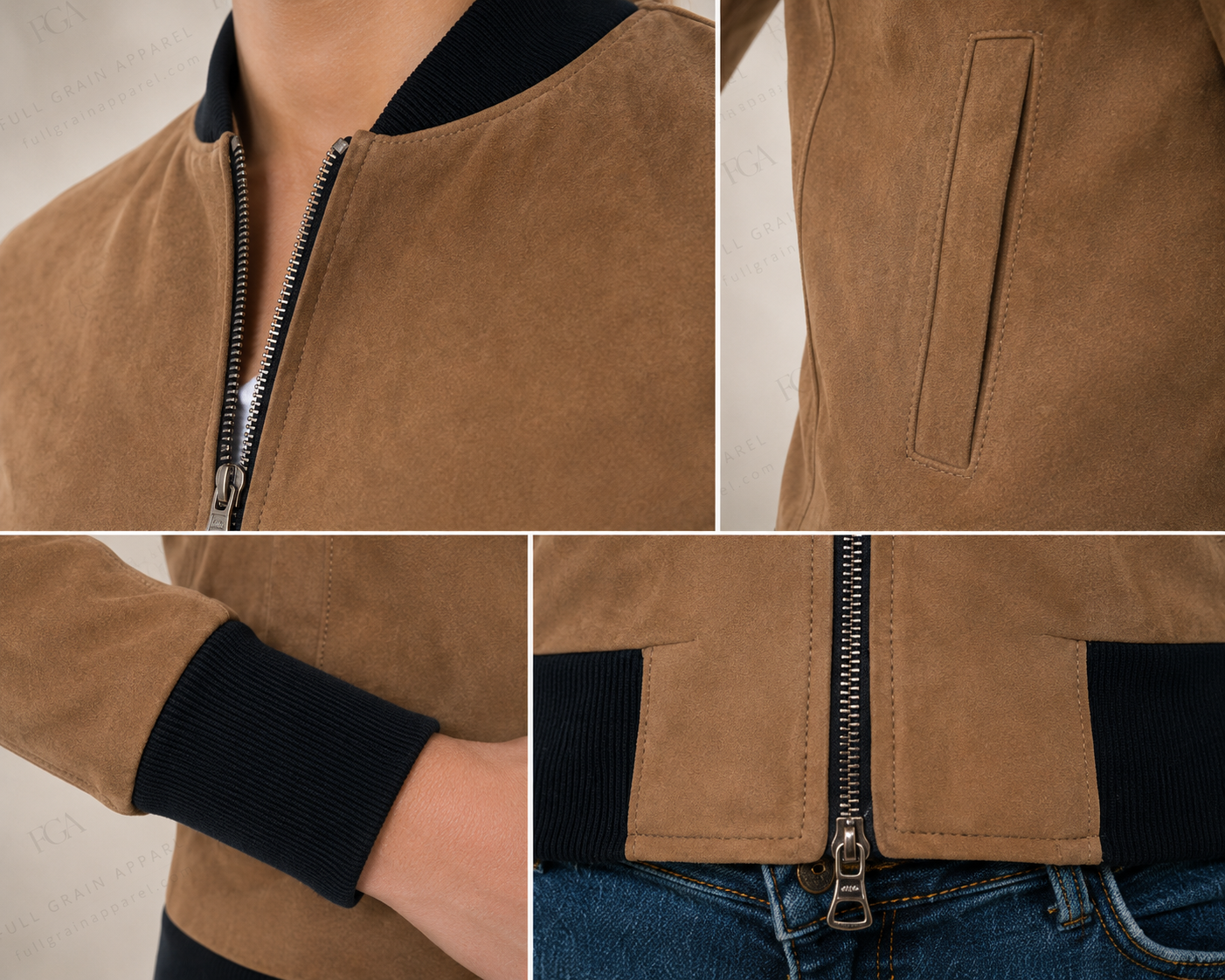 Women's Tan Suede Bomber Jacket | Casual Luxury | Full Grain Apparel