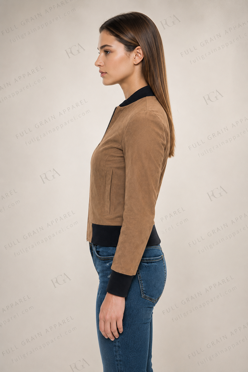 Women's Tan Suede Bomber Jacket | Casual Luxury | Full Grain Apparel