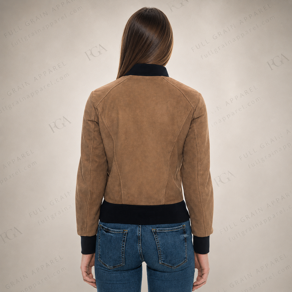 Women's Tan Suede Bomber Jacket | Casual Luxury | Full Grain Apparel
