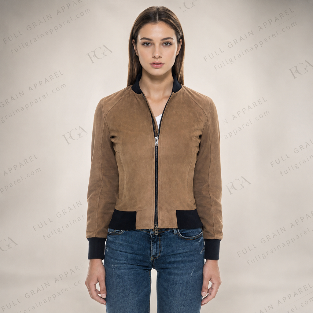 Women's Tan Suede Bomber Jacket | Casual Luxury | Full Grain Apparel
