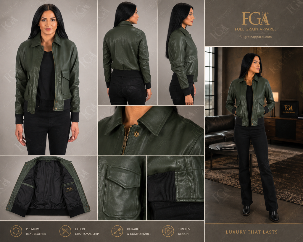 Women's Olive Green Leather Bomber Jacket – Premium Leather Outerwear | Full Grain Apparel