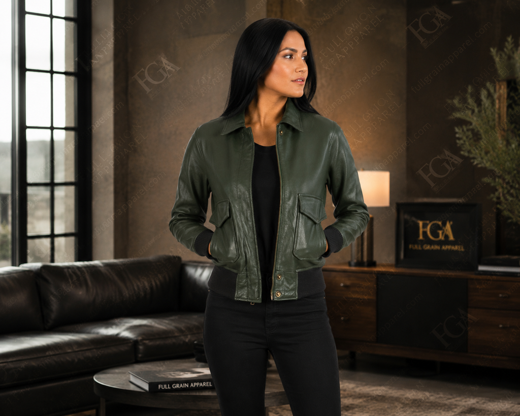Women's Olive Green Leather Bomber Jacket – Premium Leather Outerwear | Full Grain Apparel
