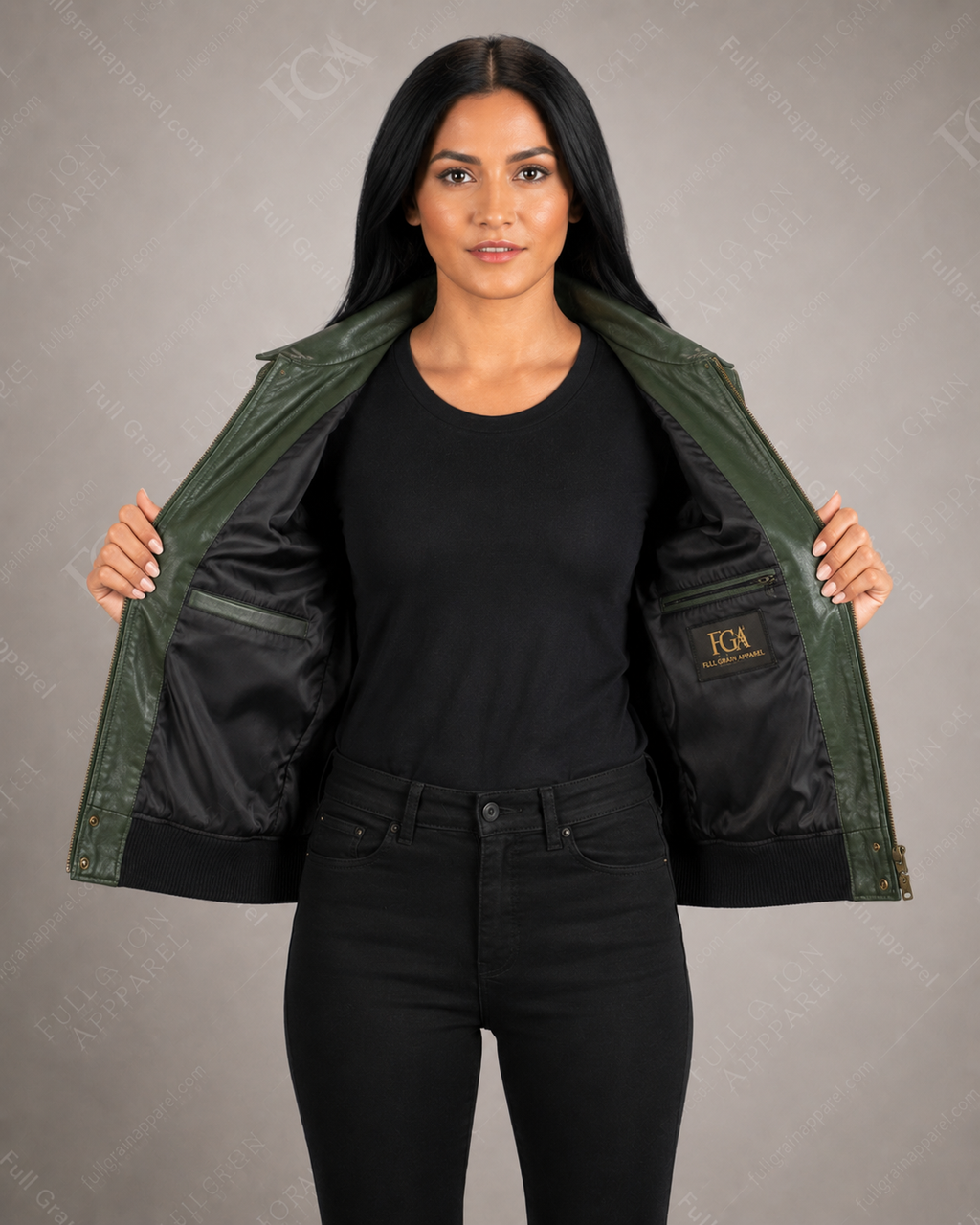Women's Olive Green Leather Bomber Jacket – Premium Leather Outerwear | Full Grain Apparel