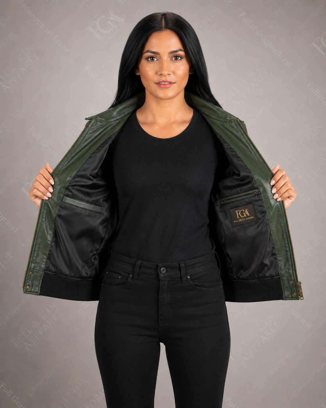 Women's Olive Green Leather Bomber Jacket – Premium Leather Outerwear | Full Grain Apparel
