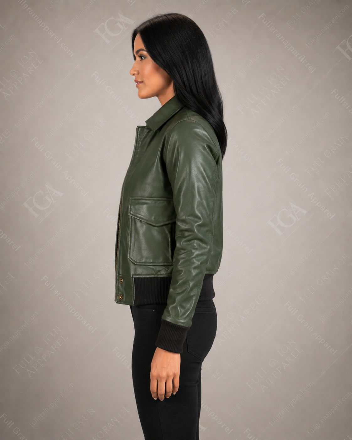 Women's Olive Green Leather Bomber Jacket – Premium Leather Outerwear | Full Grain Apparel