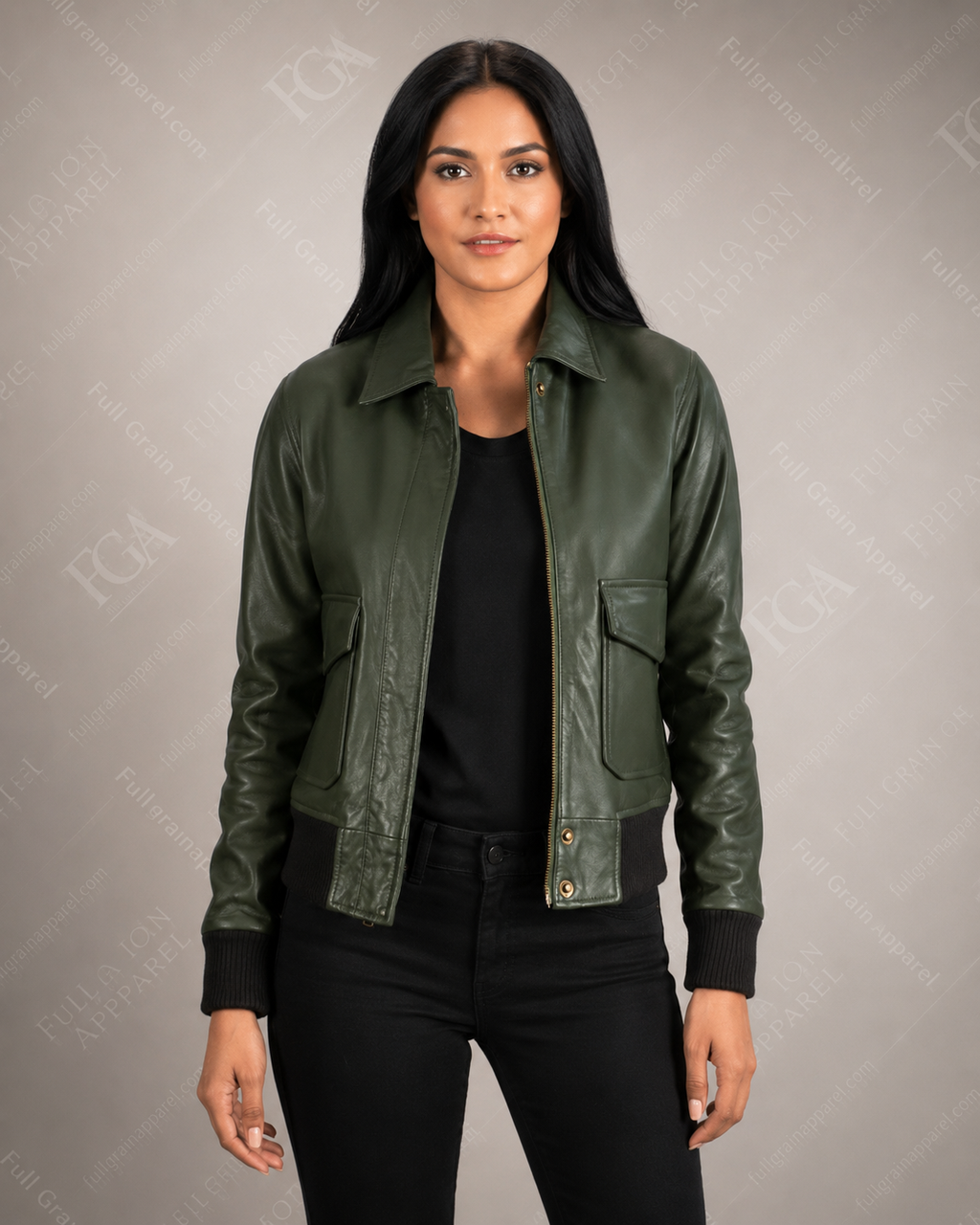 Women's Olive Green Leather Bomber Jacket – Premium Leather Outerwear | Full Grain Apparel