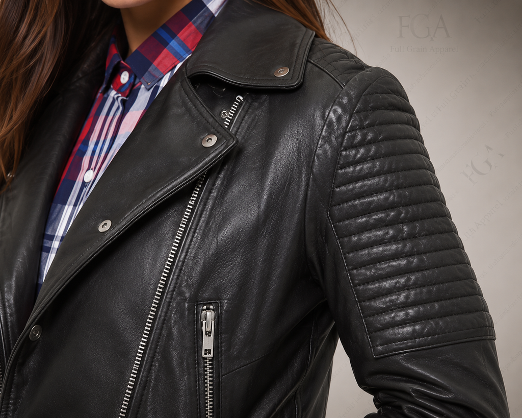 Women's Black Quilted Biker Leather Jacket - Moto Style Full Grain Apparel
