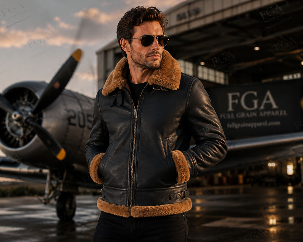 Men's Black B3 Shearling Aviator Jacket | Flight Leather | Full Grain Apparel