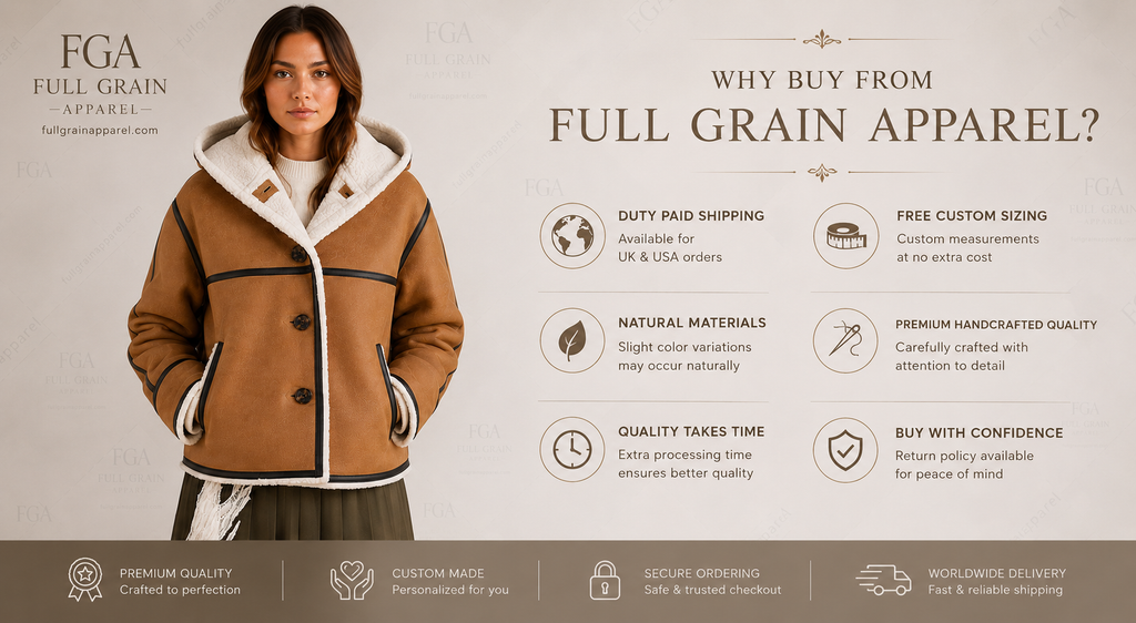 Women's Tan Shearling Hooded Jacket | Winter Leather Coat | Full Grain Apparel