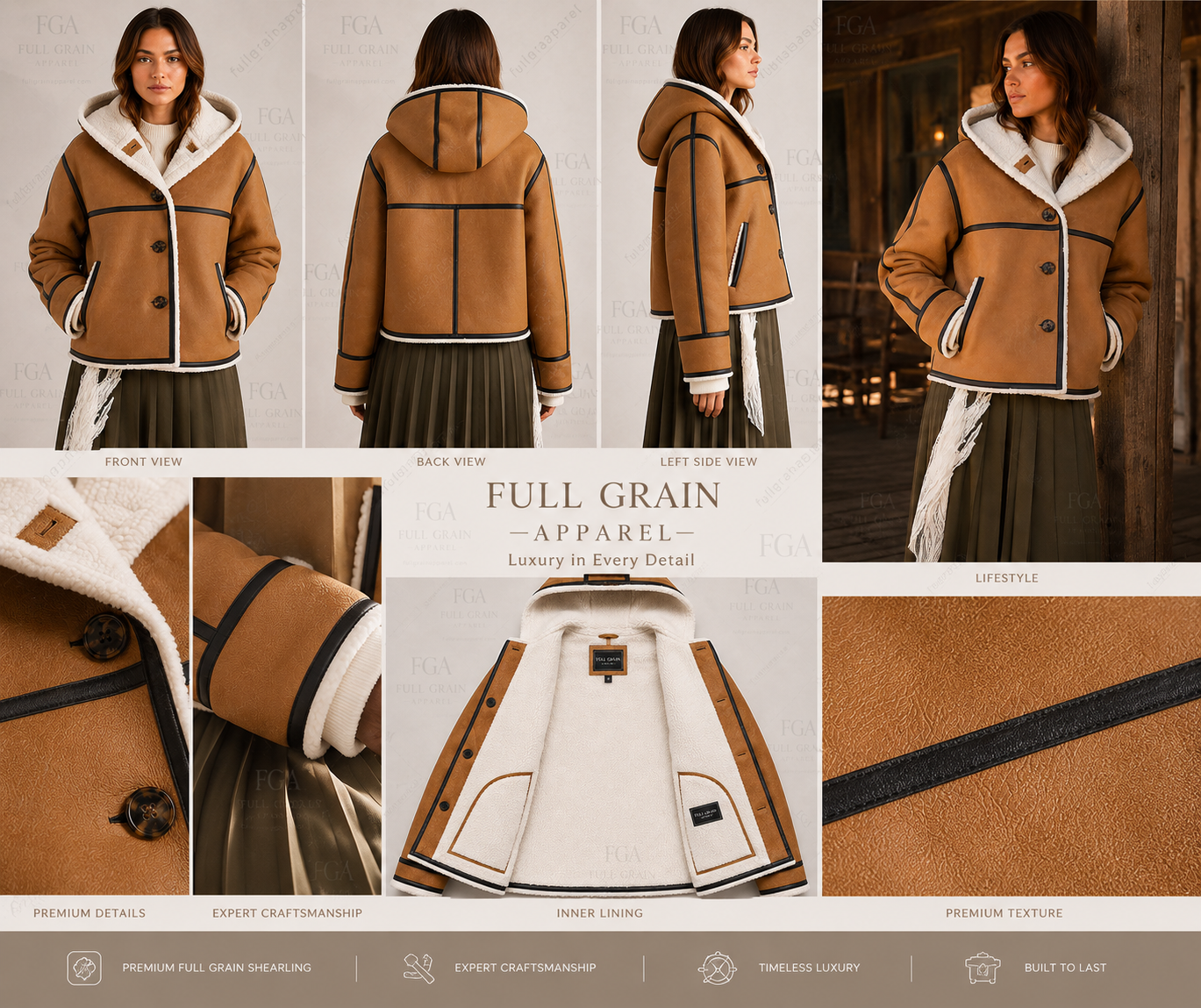 Women's Tan Shearling Hooded Jacket | Winter Leather Coat | Full Grain Apparel