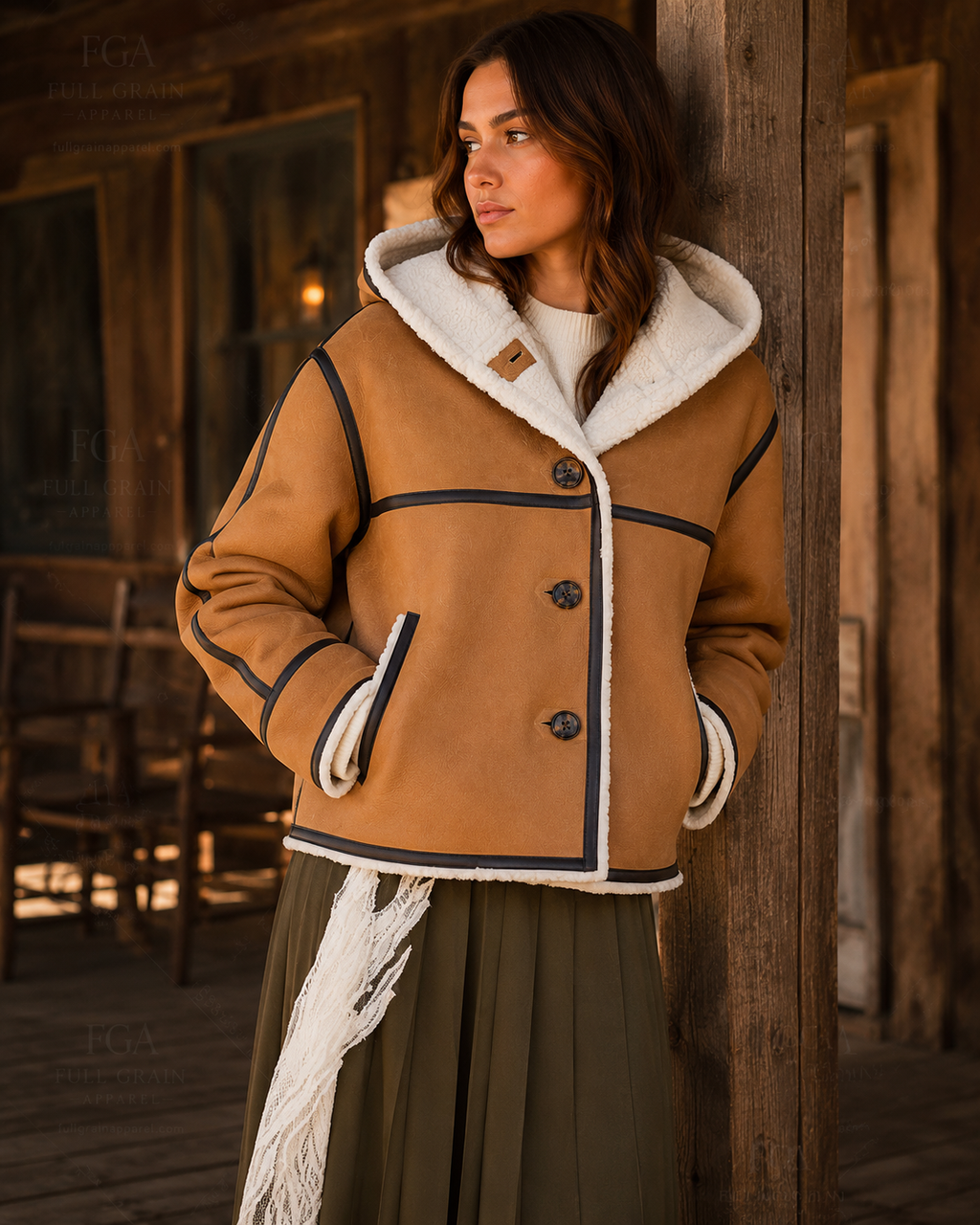 Women's Tan Shearling Hooded Jacket | Winter Leather Coat | Full Grain Apparel