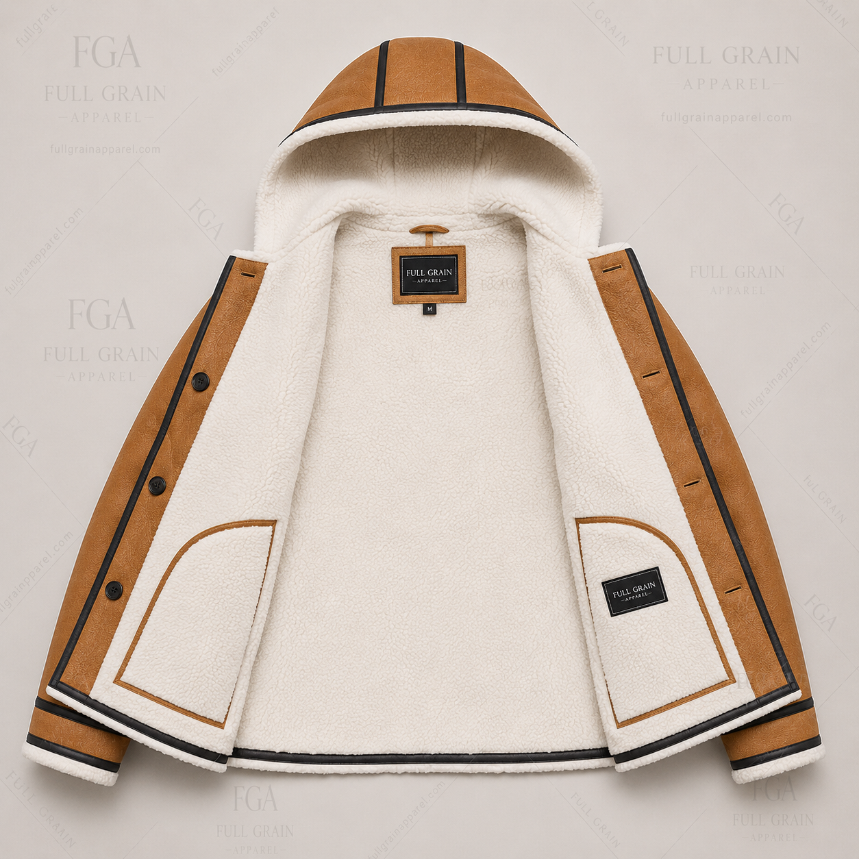 Women's Tan Shearling Hooded Jacket | Winter Leather Coat | Full Grain Apparel