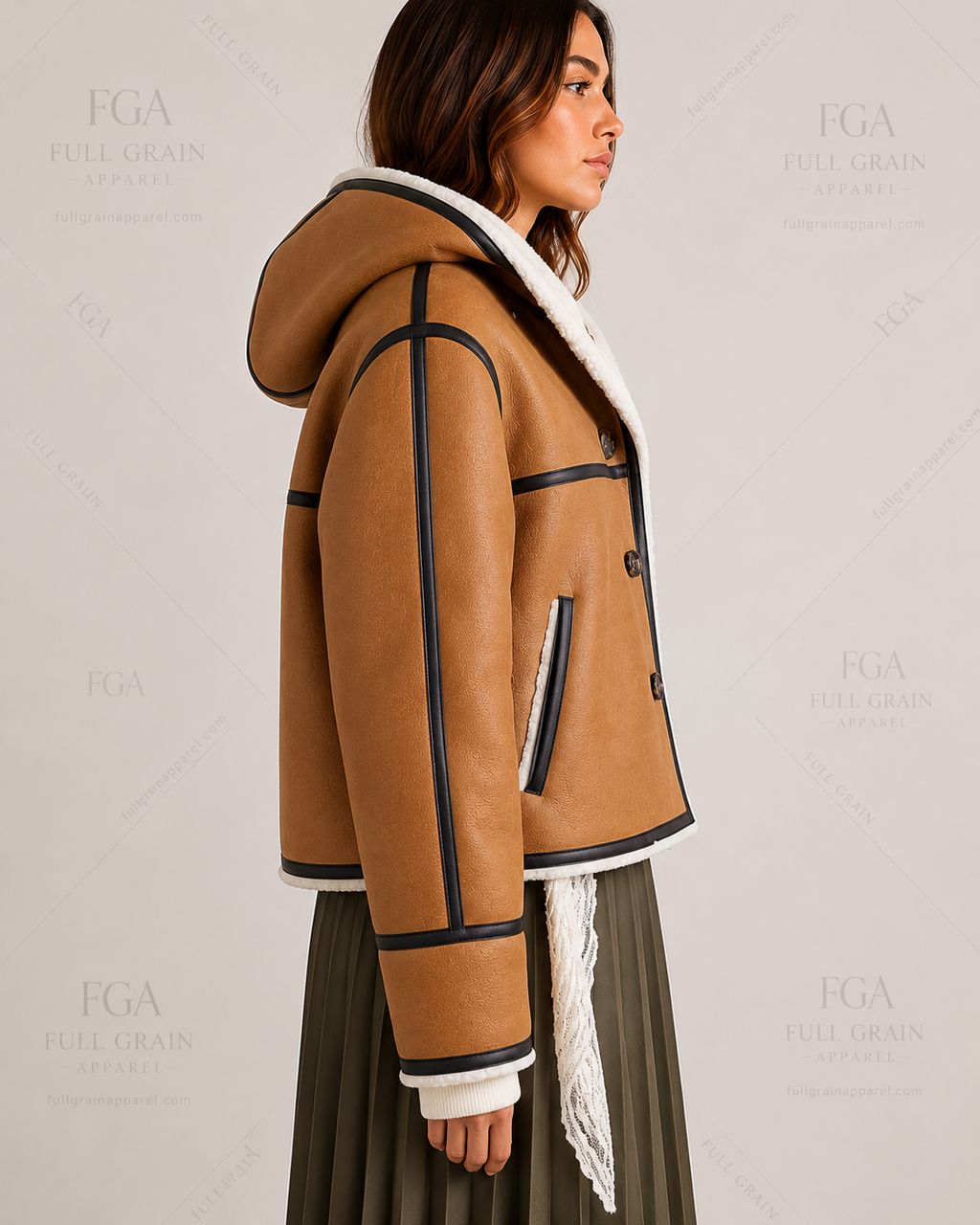 Women's Tan Shearling Hooded Jacket | Winter Leather Coat | Full Grain Apparel