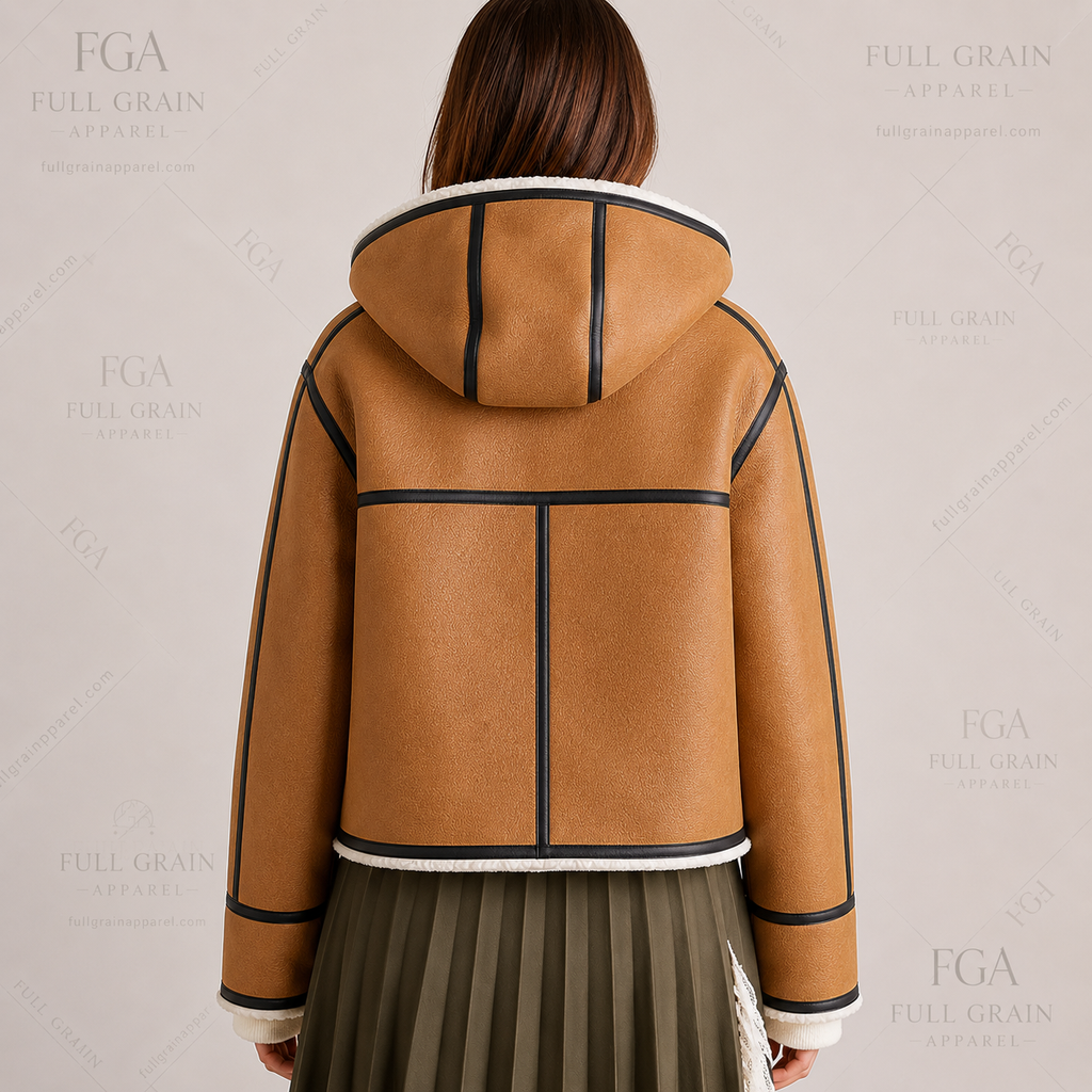 Women's Tan Shearling Hooded Jacket | Winter Leather Coat | Full Grain Apparel