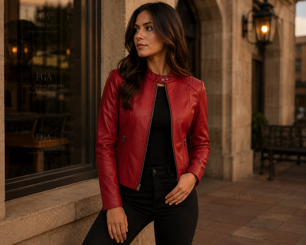 Women's Red Cafe Racer Leather Jacket | Moto Style | Full Grain Apparel