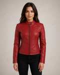 Women's Red Cafe Racer Leather Jacket | Moto Style | Full Grain Apparel