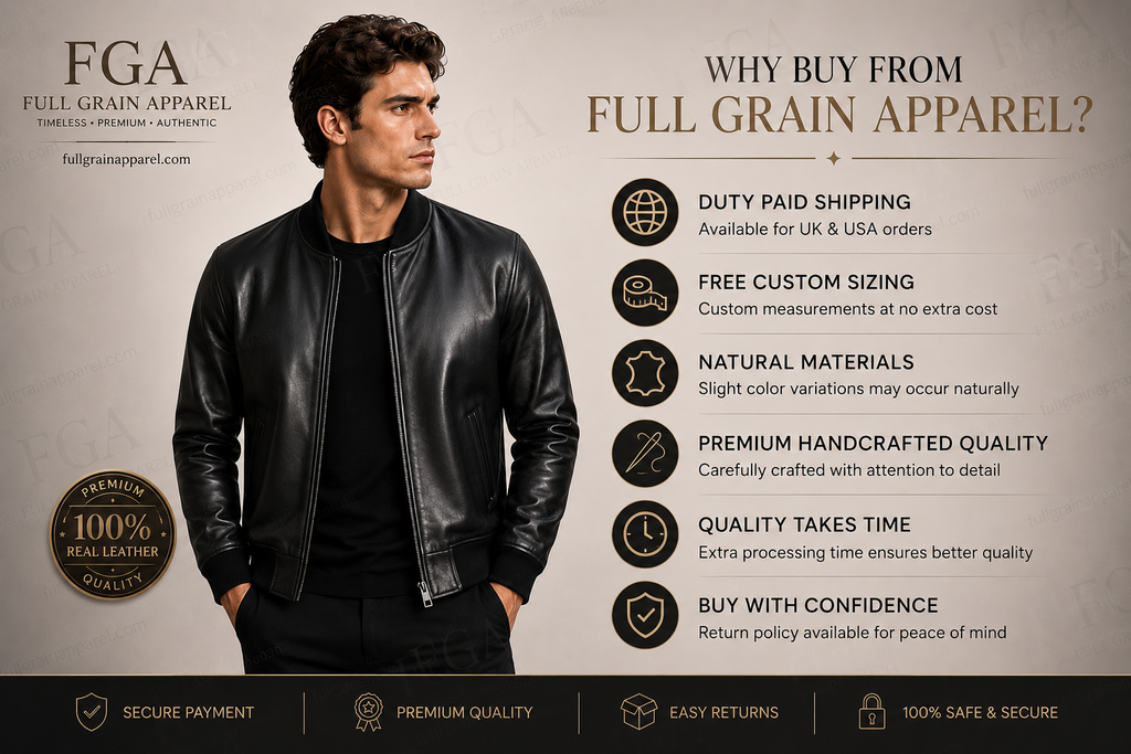 Men's Black Leather Bomber Jacket | Minimalist Luxe | Full Grain Apparel