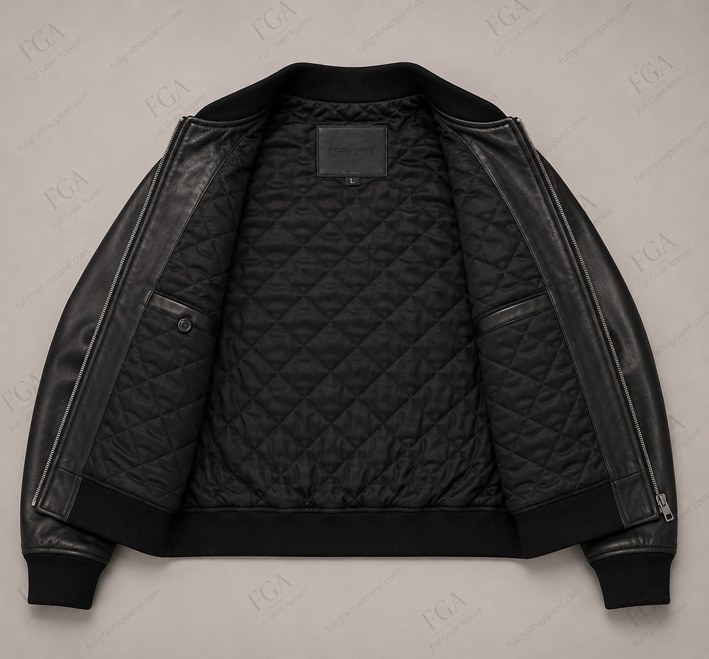 Men's Black Leather Bomber Jacket | Minimalist Luxe | Full Grain Apparel
