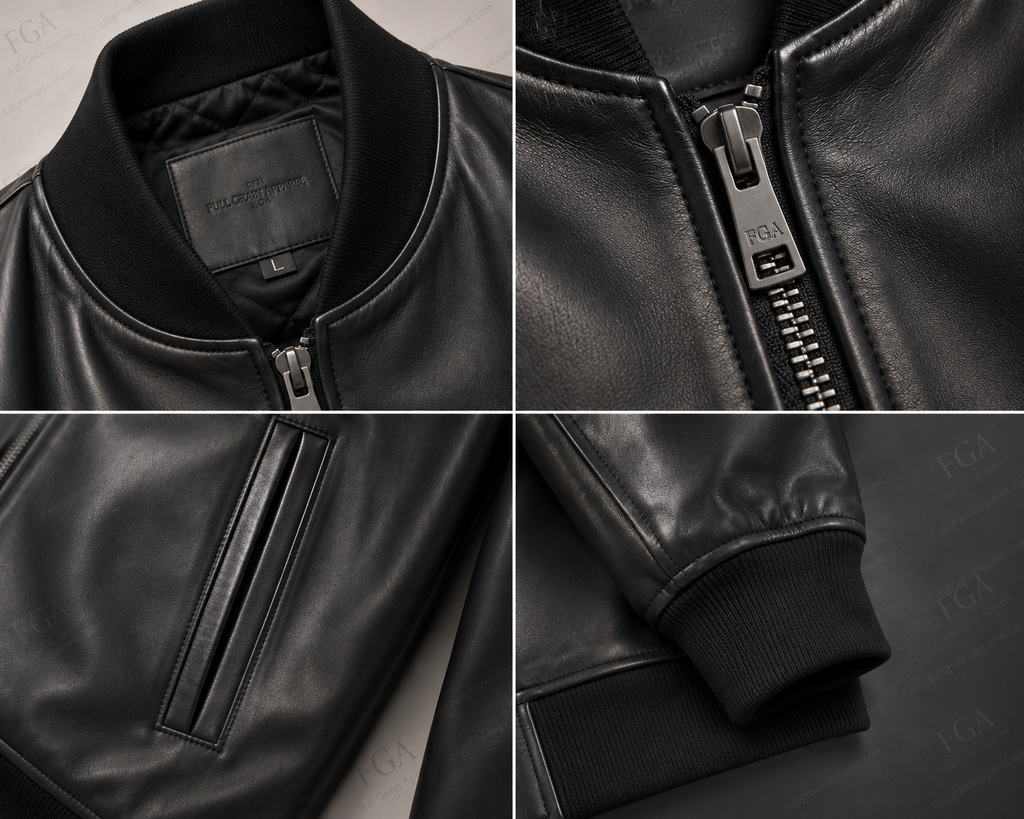 Men's Black Leather Bomber Jacket | Minimalist Luxe | Full Grain Apparel