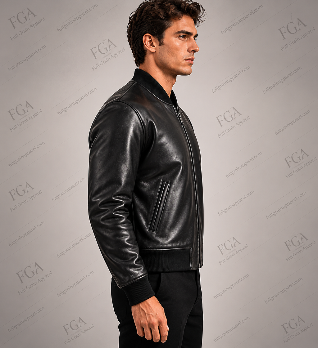Men's Black Leather Bomber Jacket | Minimalist Luxe | Full Grain Apparel