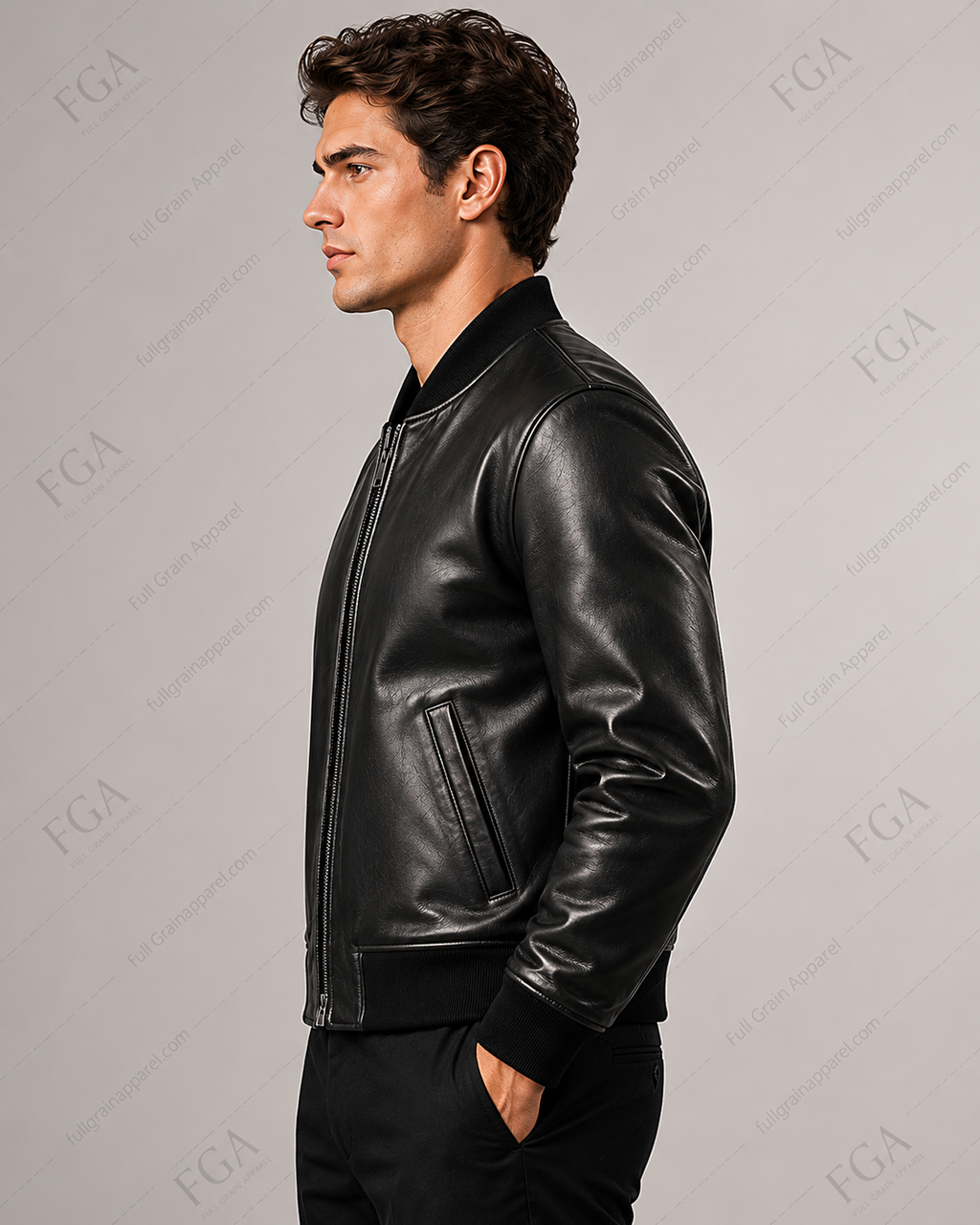 Men's Black Leather Bomber Jacket | Minimalist Luxe | Full Grain Apparel