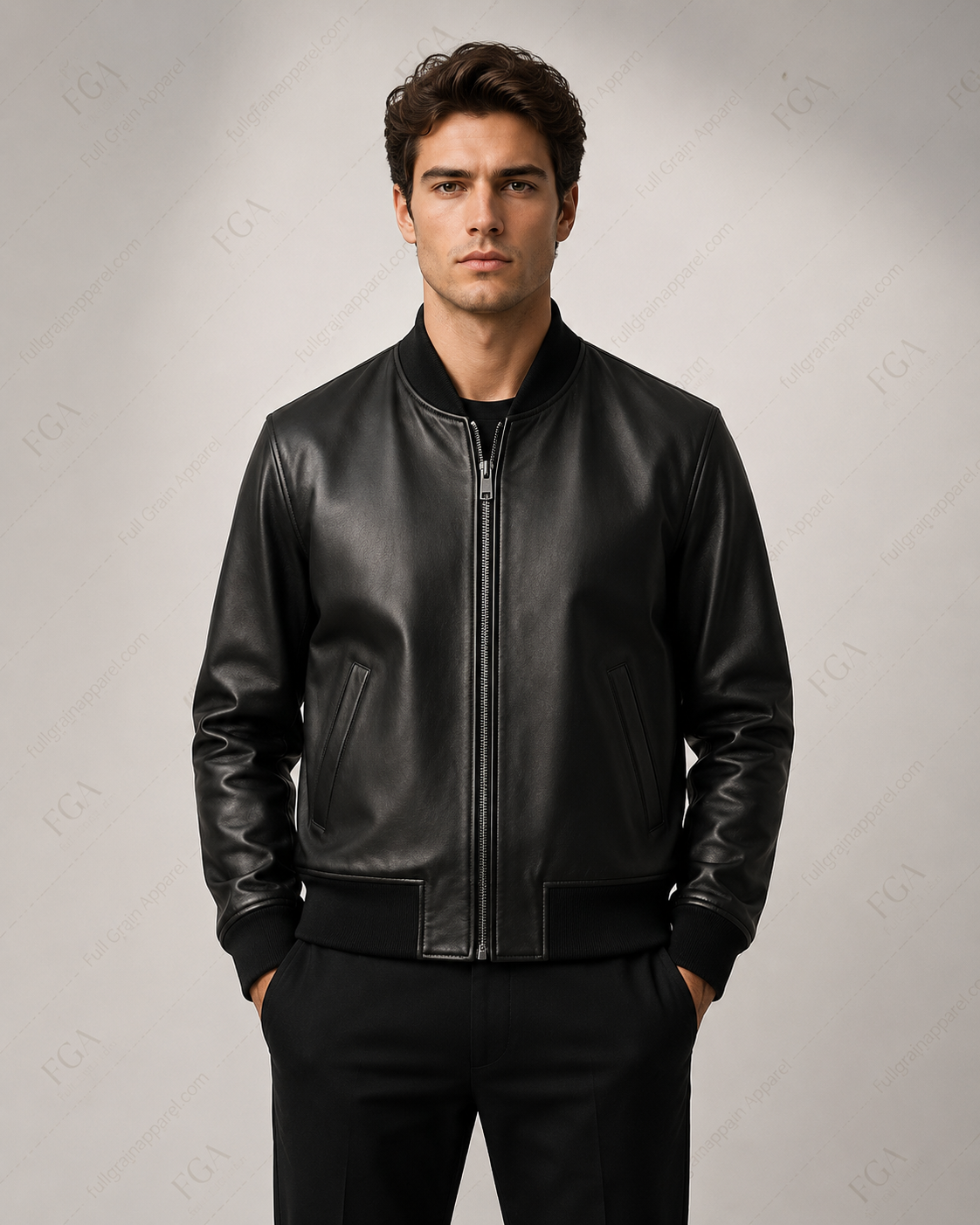 Men's Black Leather Bomber Jacket | Minimalist Luxe | Full Grain Apparel