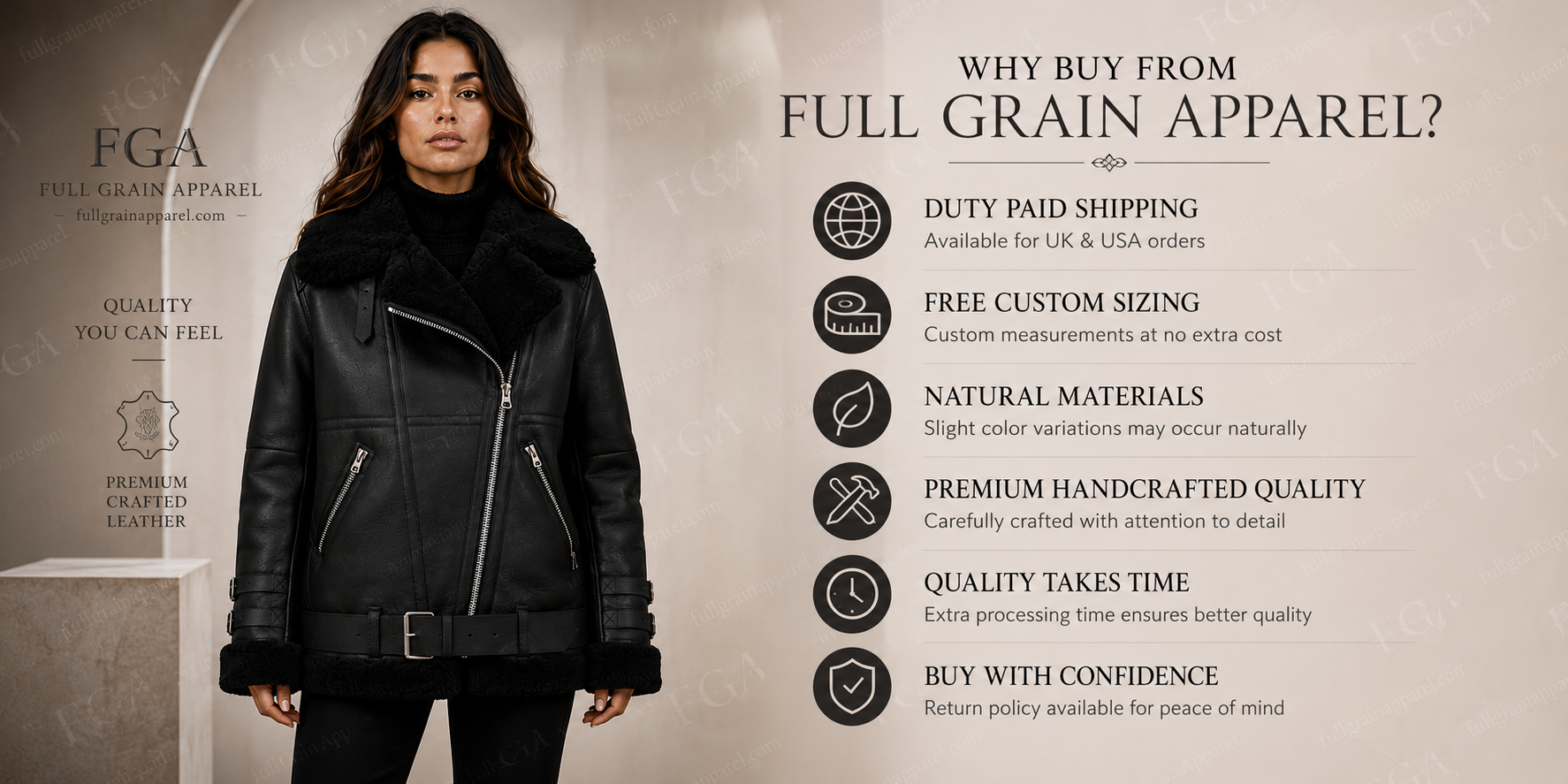 Women's Black Shearling Biker Jacket | Oversized Aviator | Full Grain Apparel