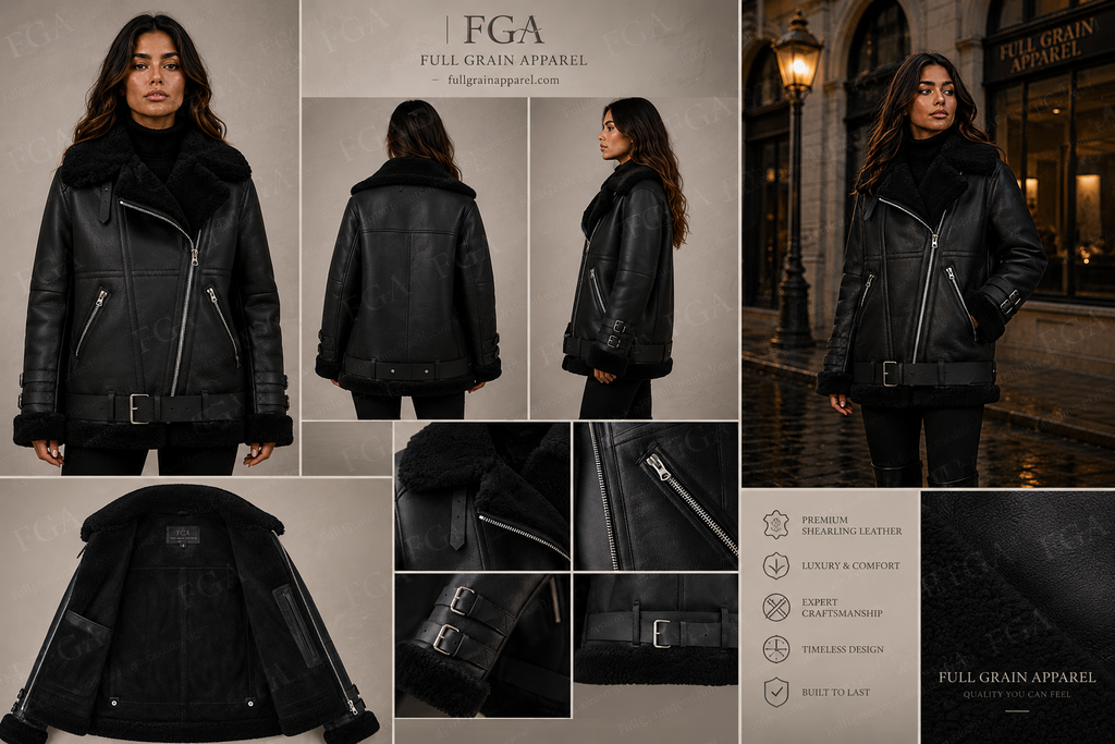 Women's Black Shearling Biker Jacket | Oversized Aviator | Full Grain Apparel
