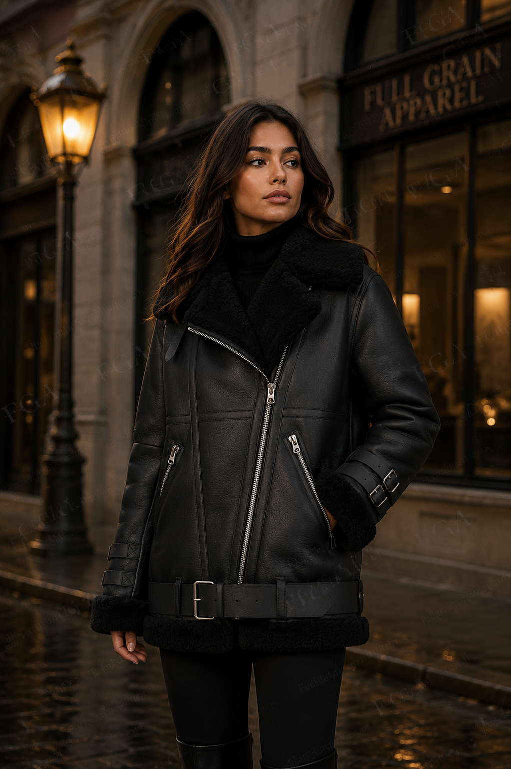 Women's Black Shearling Biker Jacket | Oversized Aviator | Full Grain Apparel
