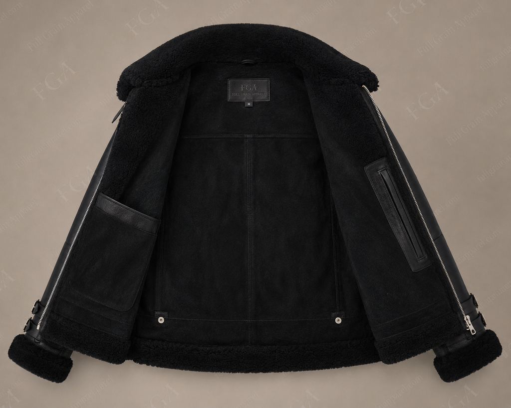 Women's Black Shearling Biker Jacket | Oversized Aviator | Full Grain Apparel