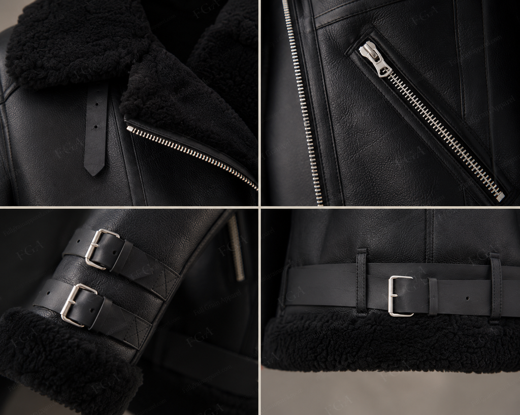 Women's Black Shearling Biker Jacket | Oversized Aviator | Full Grain Apparel