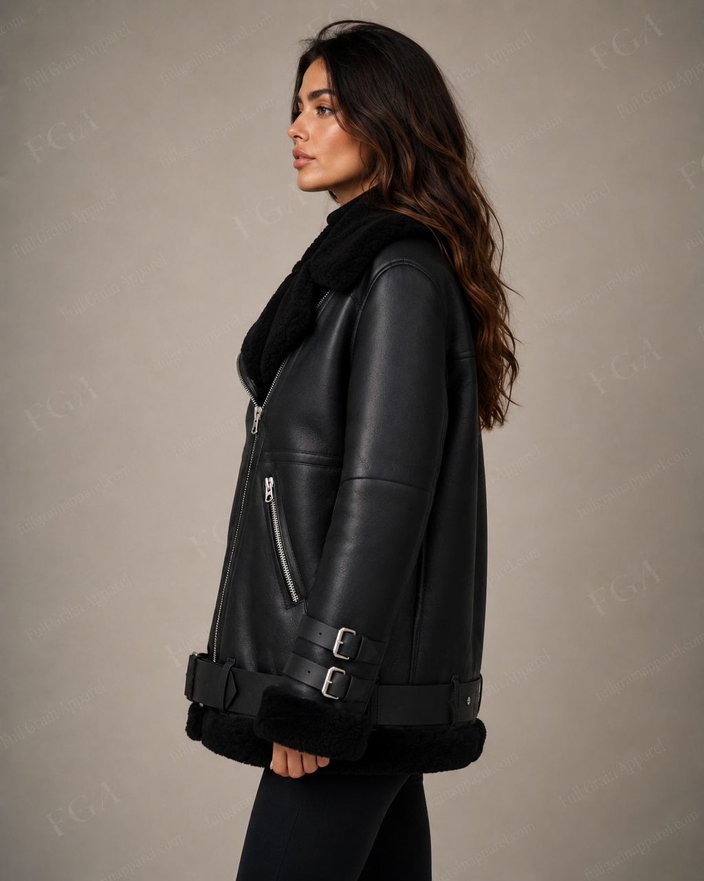 Women's Black Shearling Biker Jacket | Oversized Aviator | Full Grain Apparel