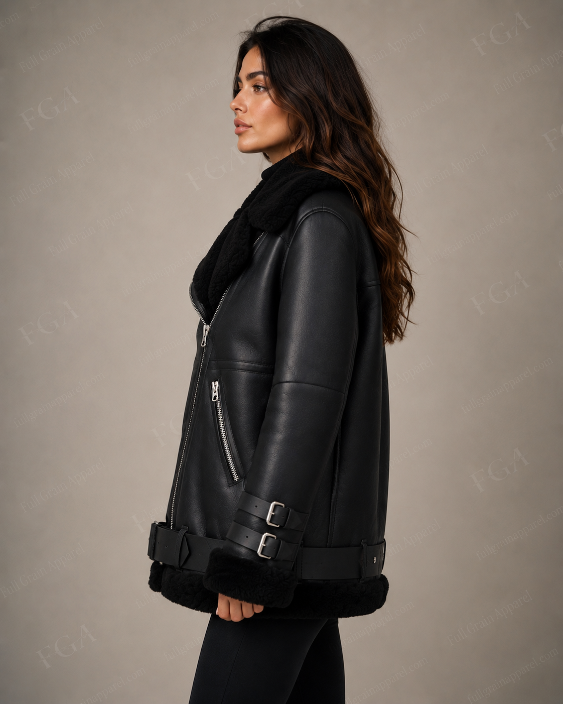 Women's Black Shearling Biker Jacket | Oversized Aviator | Full Grain Apparel