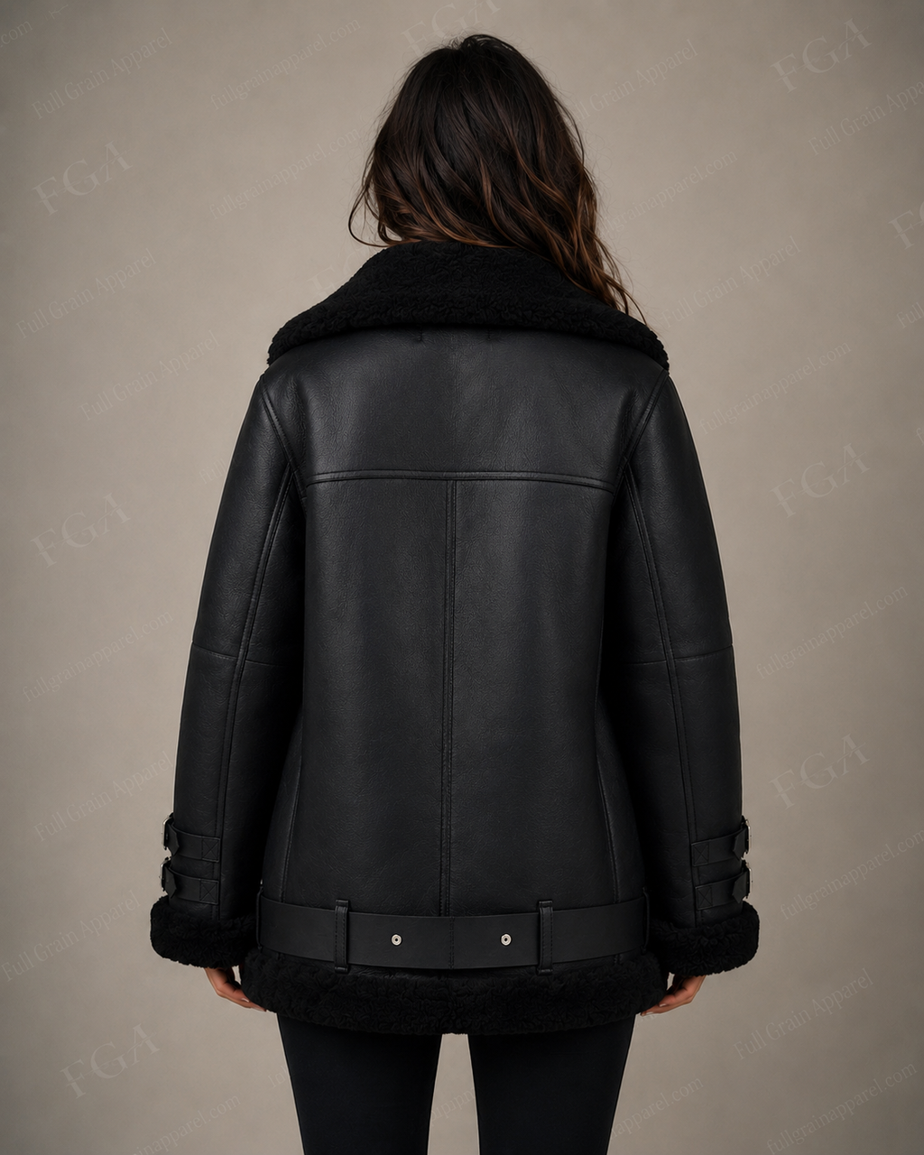 Women's Black Shearling Biker Jacket | Oversized Aviator | Full Grain Apparel