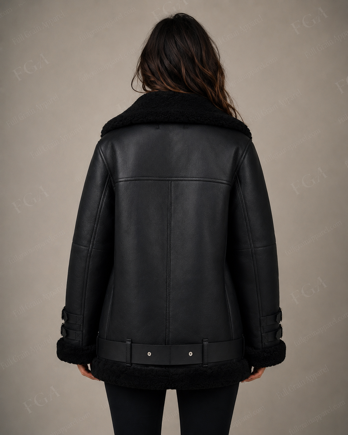Women's Black Shearling Biker Jacket | Oversized Aviator | Full Grain Apparel