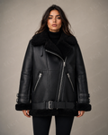 Women's Black Shearling Biker Jacket | Oversized Aviator | Full Grain Apparel