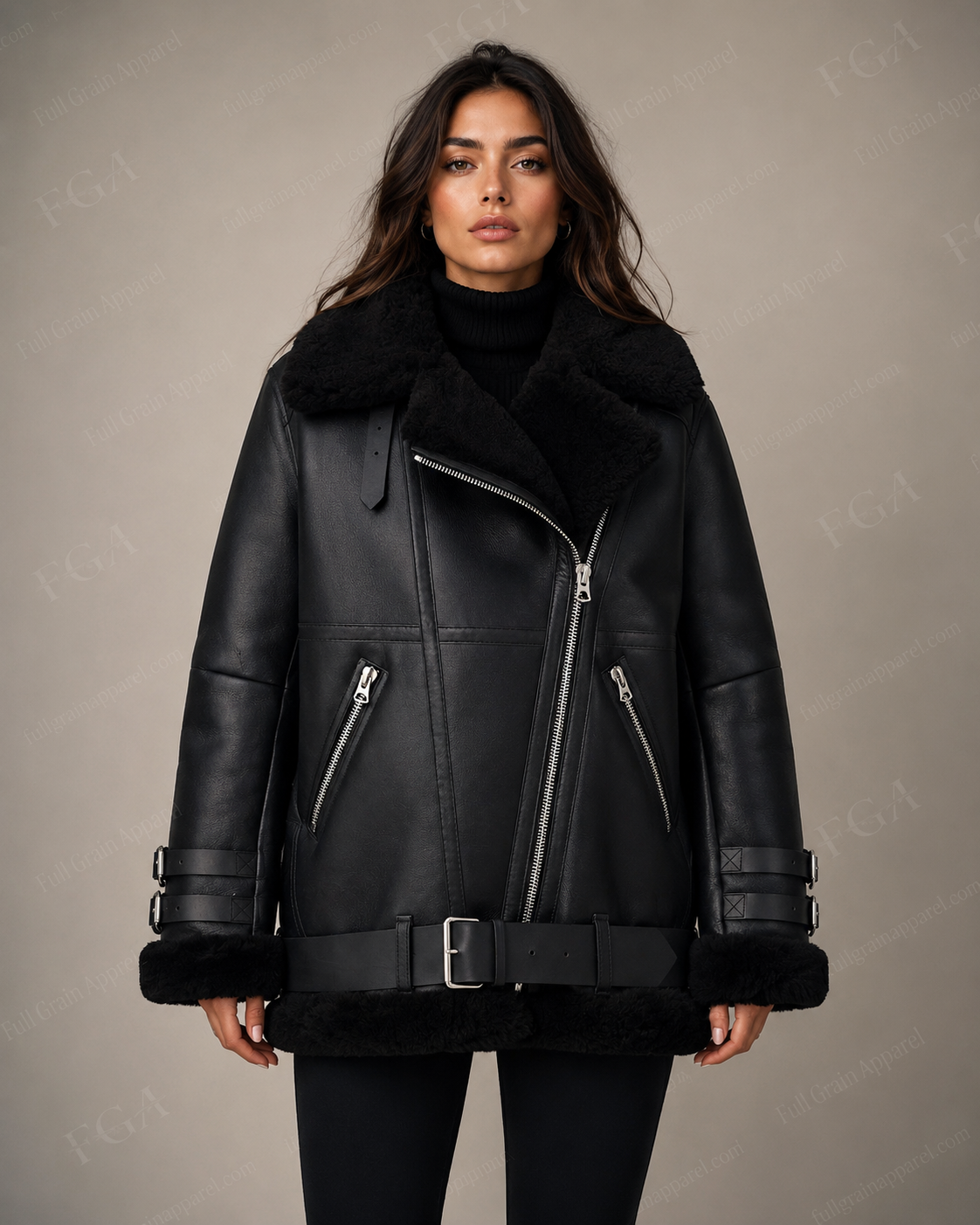 Women's Black Shearling Biker Jacket | Oversized Aviator | Full Grain Apparel
