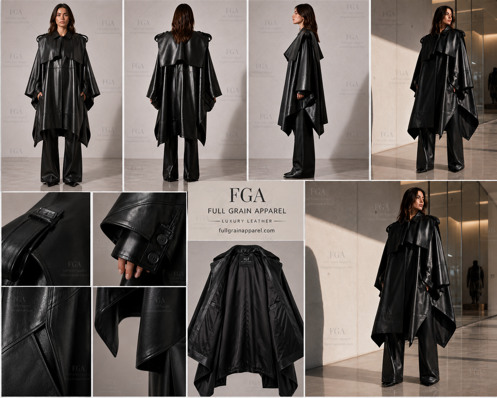 Women's Black Leather Cape Coat | Luxury Poncho Outerwear | Full Grain Apparel