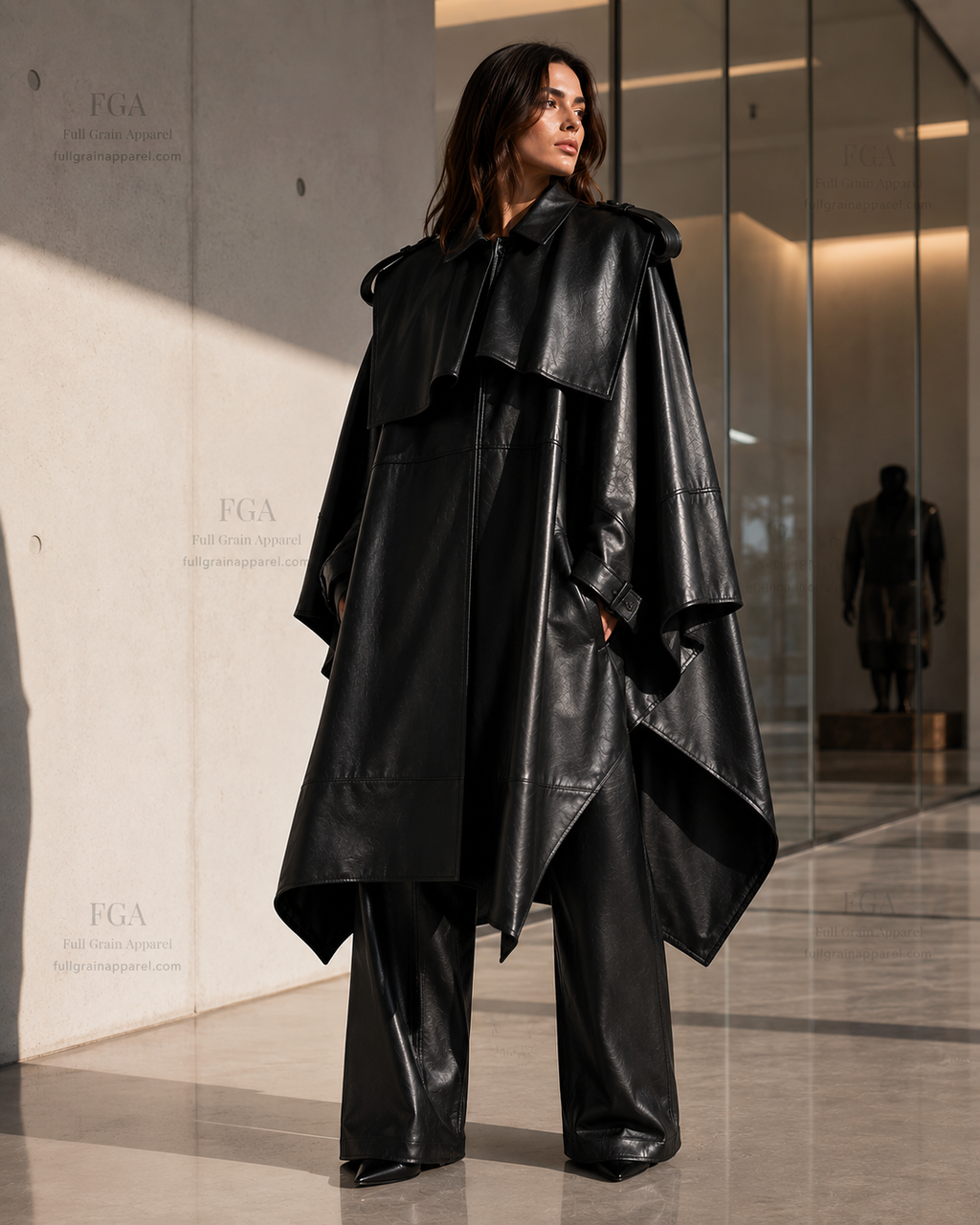 Women's Black Leather Cape Coat | Luxury Poncho Outerwear | Full Grain Apparel