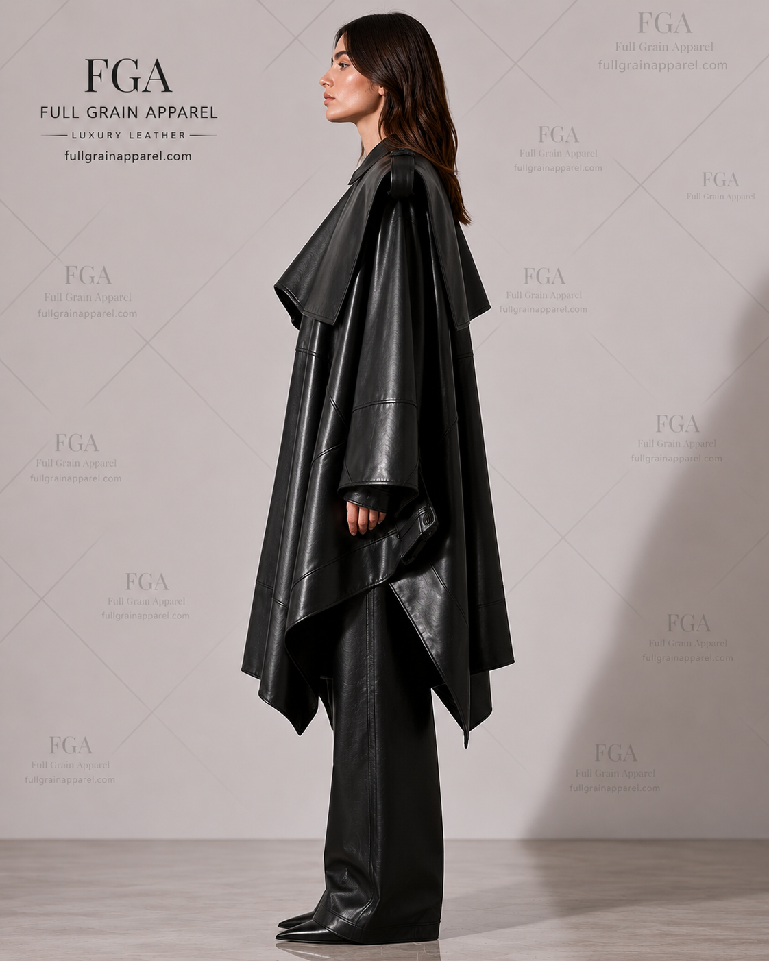 Women's Black Leather Cape Coat | Luxury Poncho Outerwear | Full Grain Apparel
