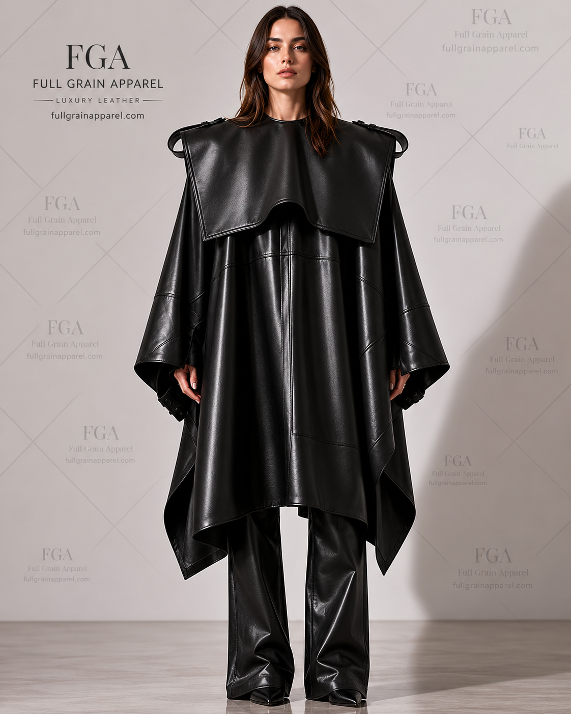 Women's Black Leather Cape Coat | Luxury Poncho Outerwear | Full Grain Apparel